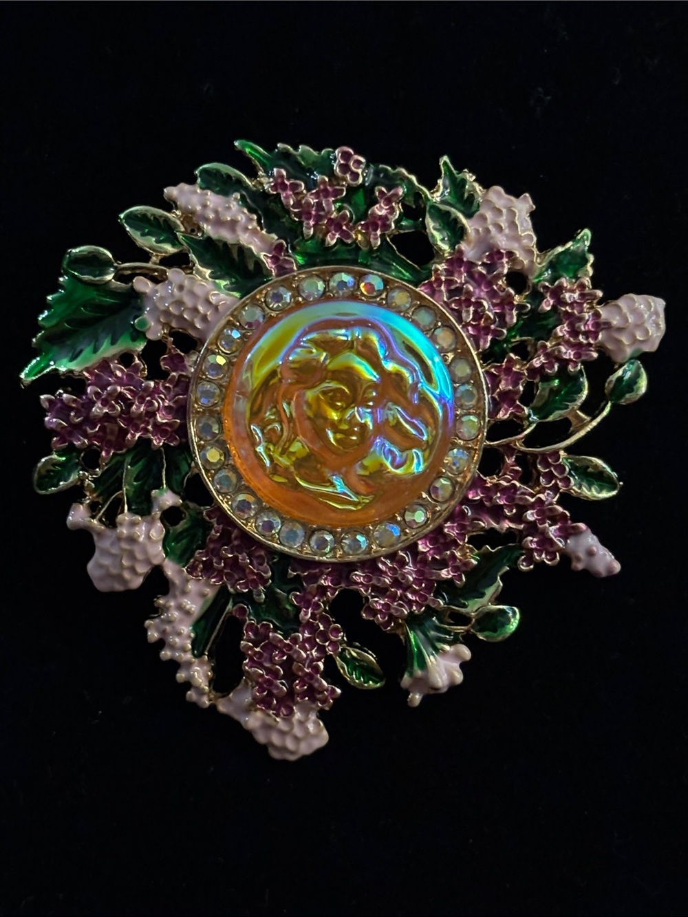 Iridescent Cameo Brooch in Green, Purple and Pink